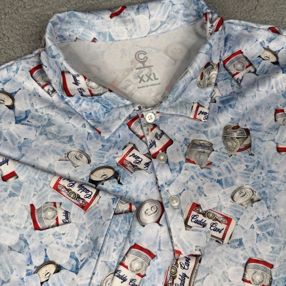 Caddy Cart Polo Shirt Mens XXL Blue Iced Beer Print Golf Stretch Party Tailgate